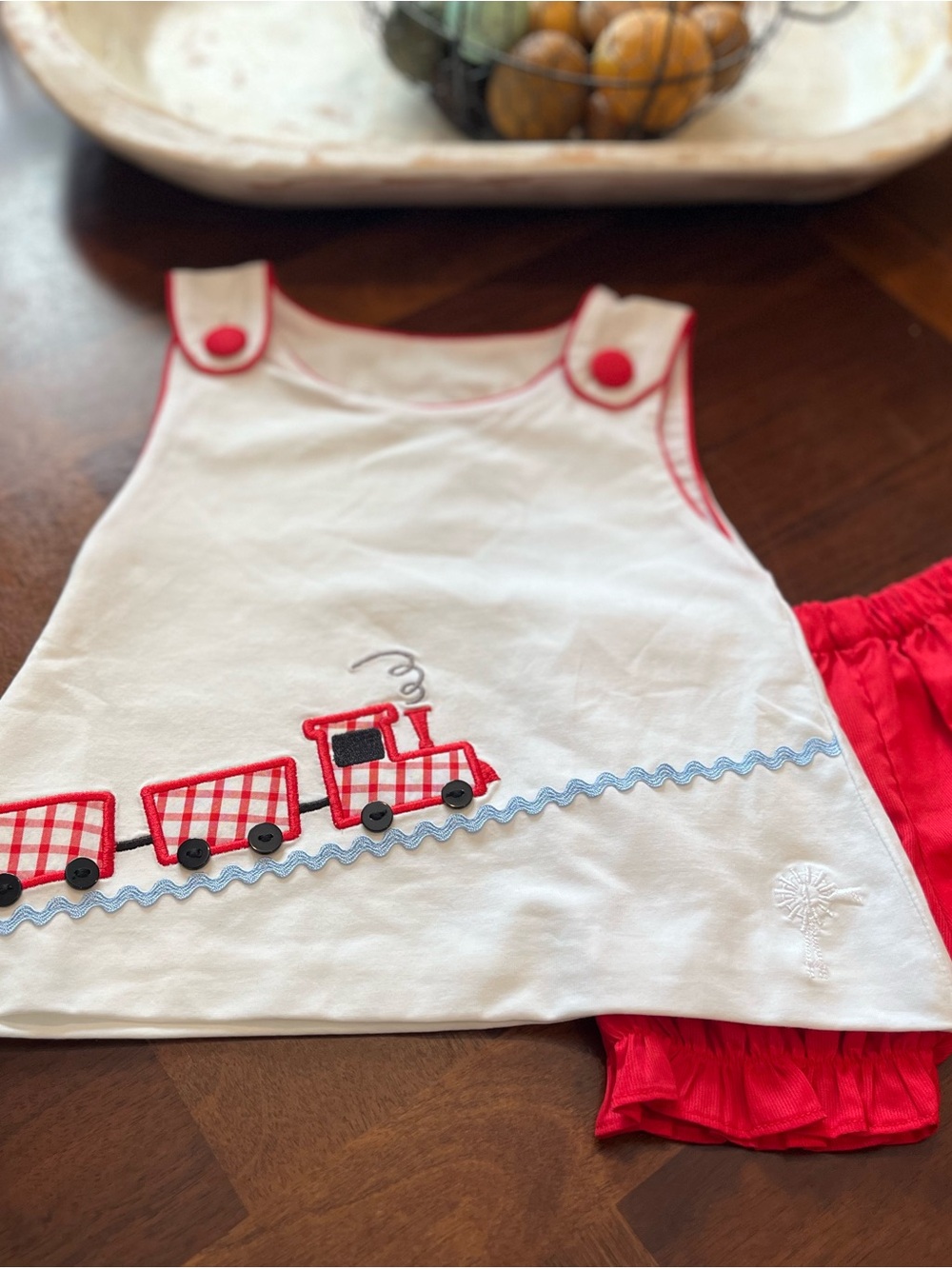 Toddler White & Red Train Appliqué Diaper Set 12/18